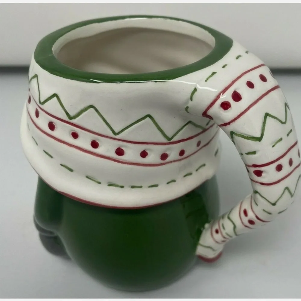 Pottery Barn Christmas GNOME Shaped Mug Green Sweater Scarf Ceramic 12oz NEW